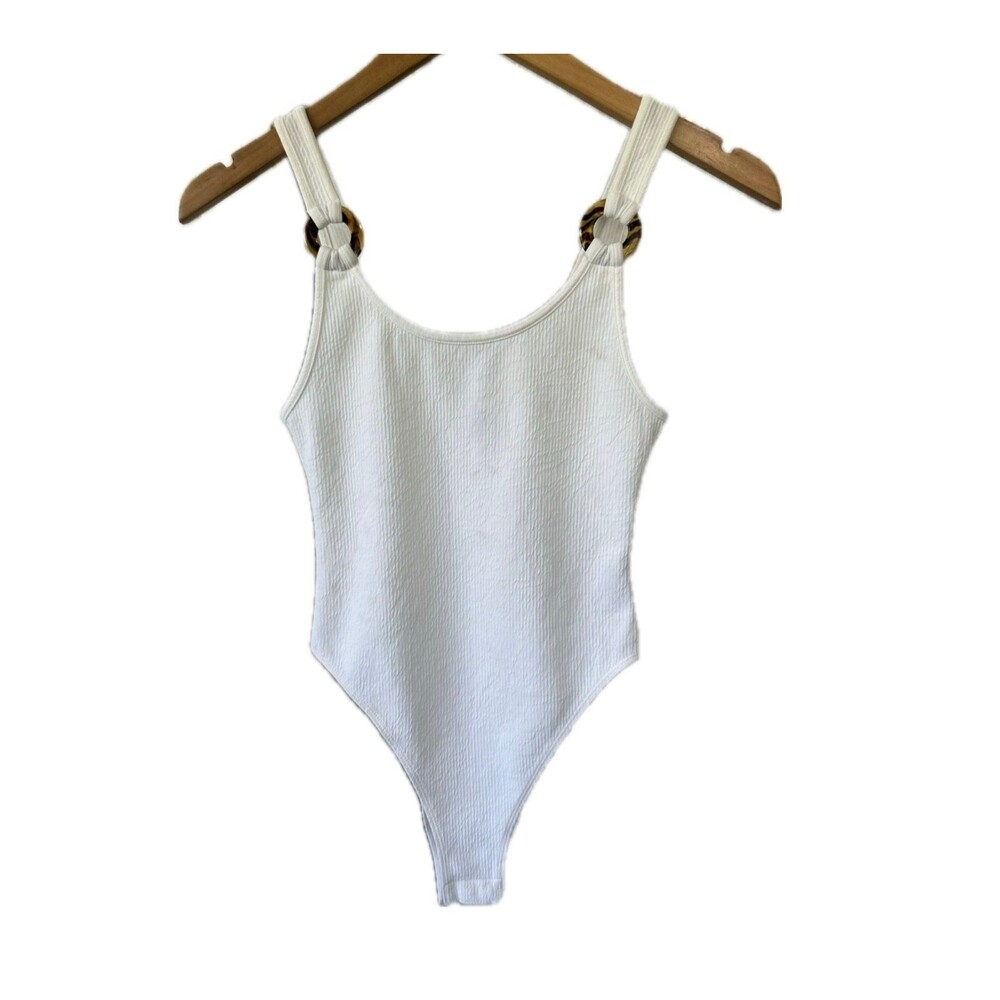 H&M Divided White Tank Plastic Rings Ribbed Jersey Bodysuit Concealed Snaps XS